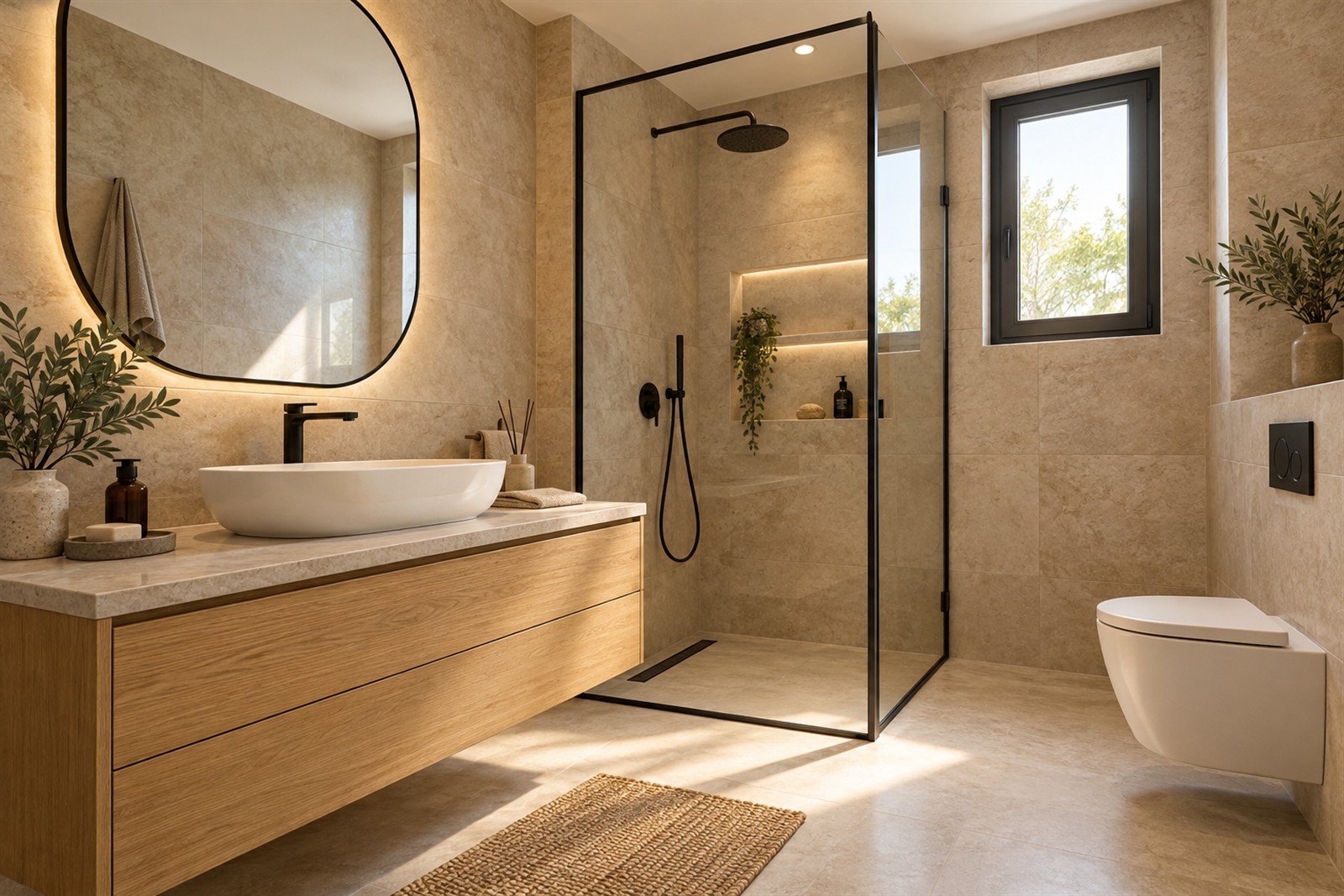 Açık renk seramik ve ahşap dolaplı özgün temsili banyo tasarımı